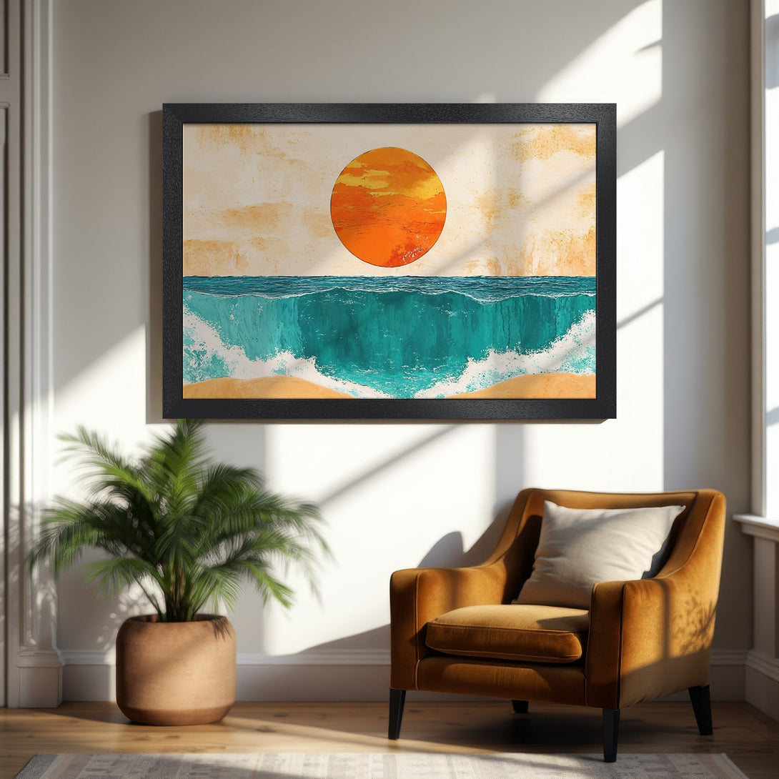 Framed Poster of a sunset over ocean waves. Coastal art print in warm orange and teal tones. Perfect home decor.