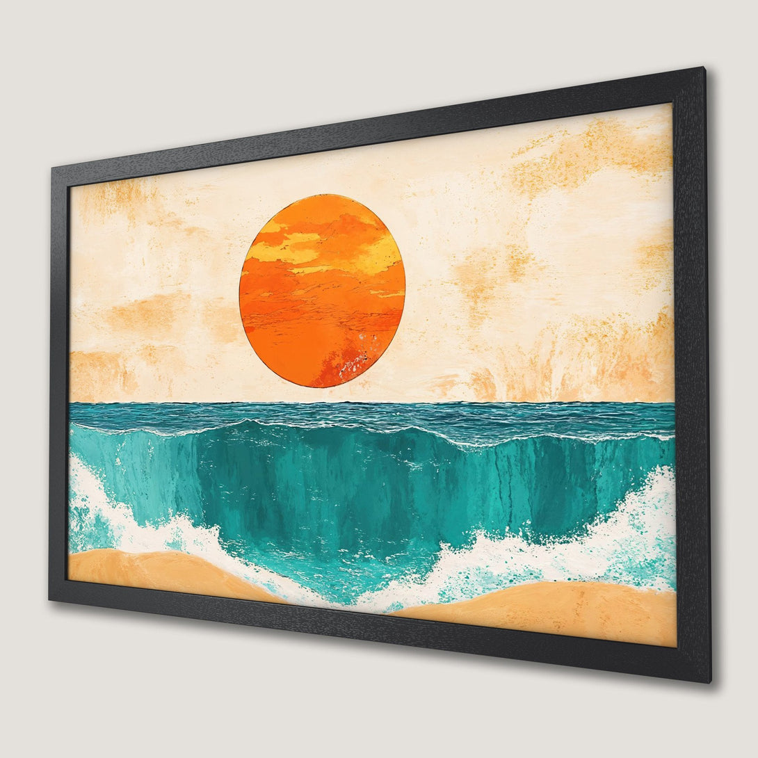 Framed Poster: Sunset over ocean waves, vibrant art print in orange, teal, and beige. Perfect wall art!