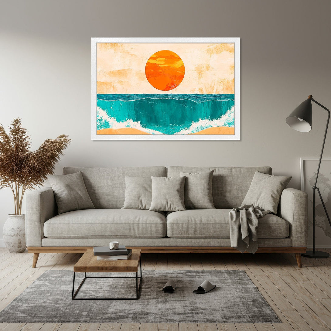 Framed Poster of a vibrant ocean sunset. Modern art style with teal, orange, and beige color palette. Perfect wall decor for a relaxing vibe.