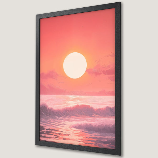 Framed Poster of a sunset over the ocean. Coastal art in a dreamy, illustrative style with a warm pink and orange color palette.
