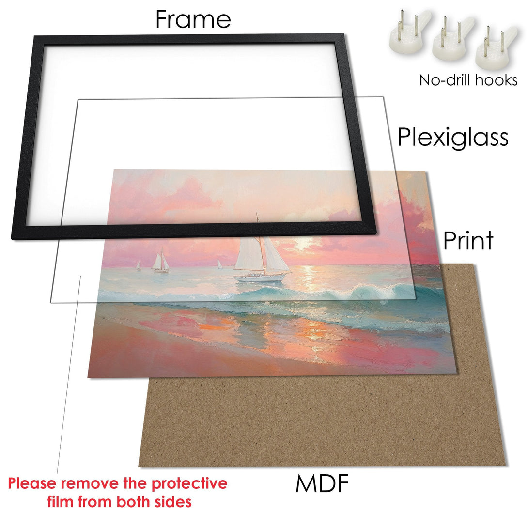 Framed Poster of a seascape painting. Romantic style, featuring pink, blue, and orange hues. Ready to hang!