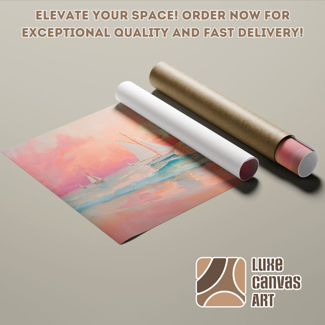 Poster Roll featuring a sailboat painting in a vibrant pink and blue color palette. Elevate your space today!