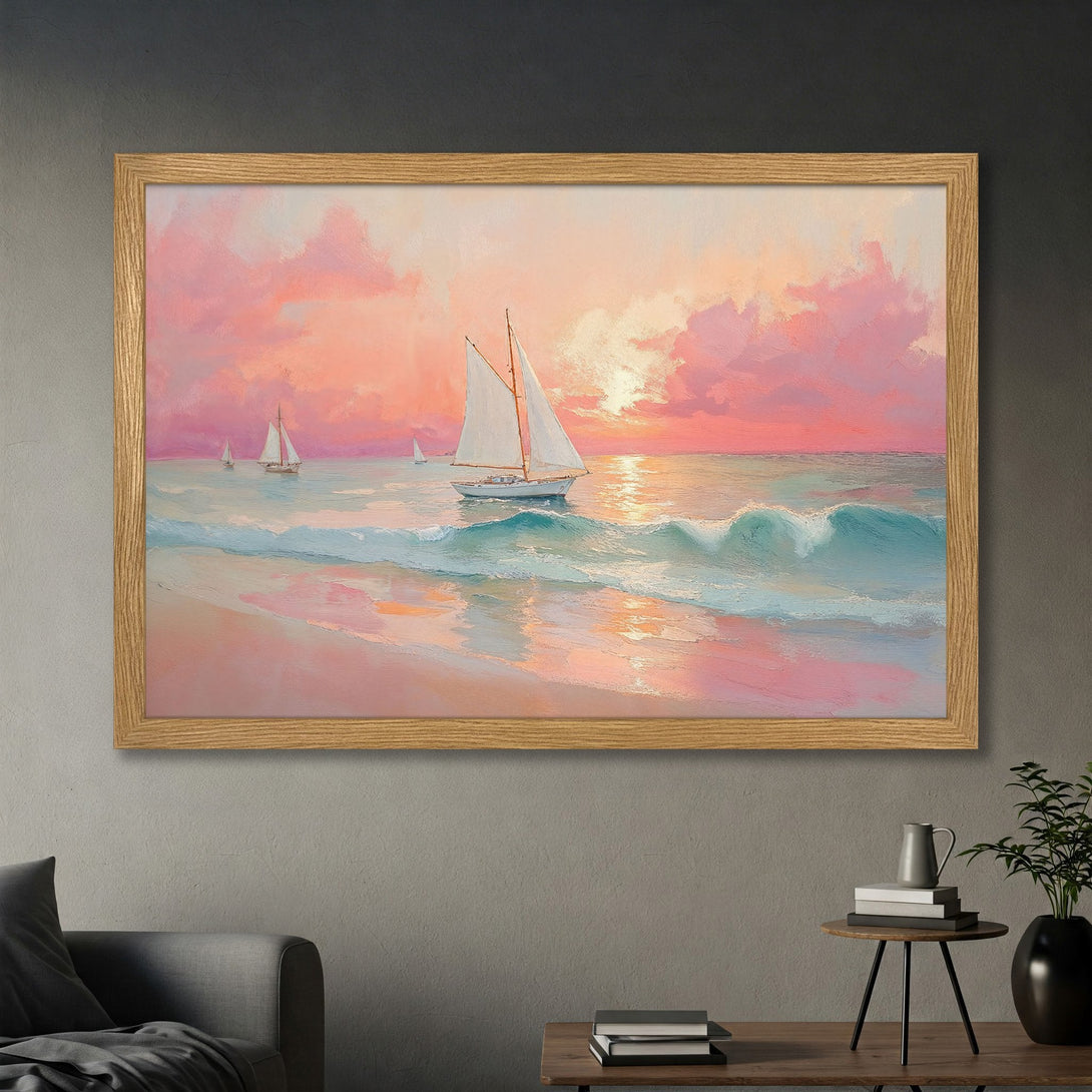 Framed Poster featuring a sailboat at sunset. Impressionistic style with pink, orange, and teal hues. Perfect wall art for a calming atmosphere.