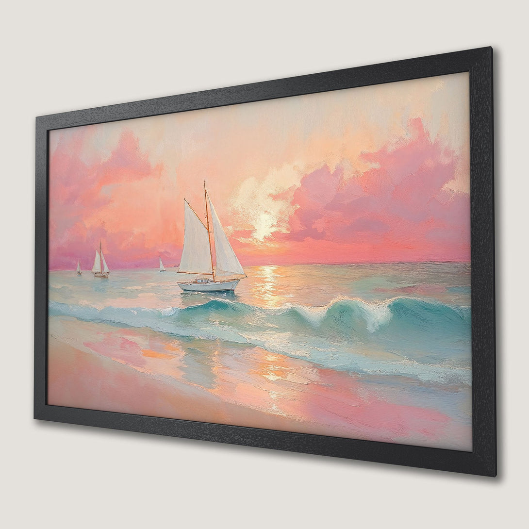 Framed Poster of a sailboat scene in a vibrant pink and blue color palette. Coastal art print.
