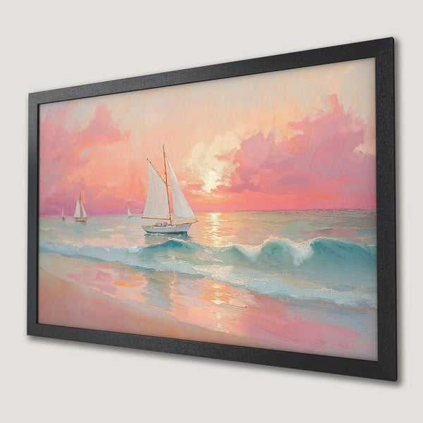 Framed Poster of a sailboat scene in a vibrant pink and blue color palette. Coastal art print.