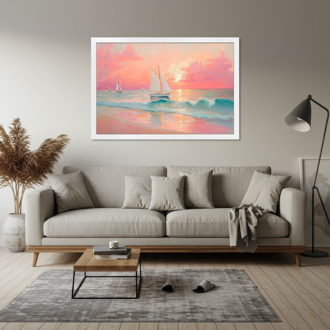 Framed Poster featuring a sailboat at sunset, impressionistic style, with pink, orange, and blue hues. Add coastal charm to your decor!