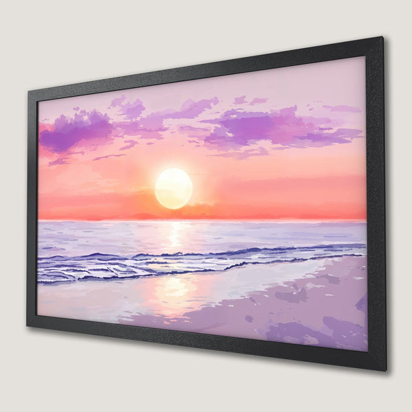 Framed Poster featuring a serene beach sunset in watercolor style, with a warm pink and purple color palette.