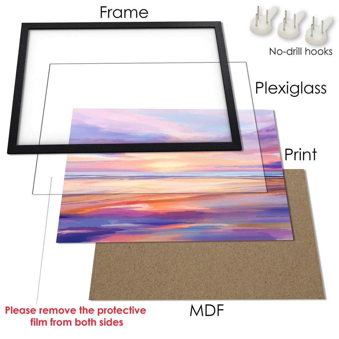 Framed Poster featuring a vibrant sunset landscape art print, with a warm color palette. Ready to hang decor!