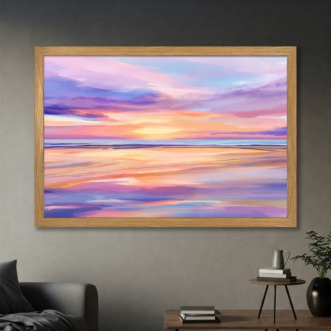 Framed Poster of a vibrant sunset landscape, painted in a dreamy, impressionistic style with a warm purple and orange color palette.