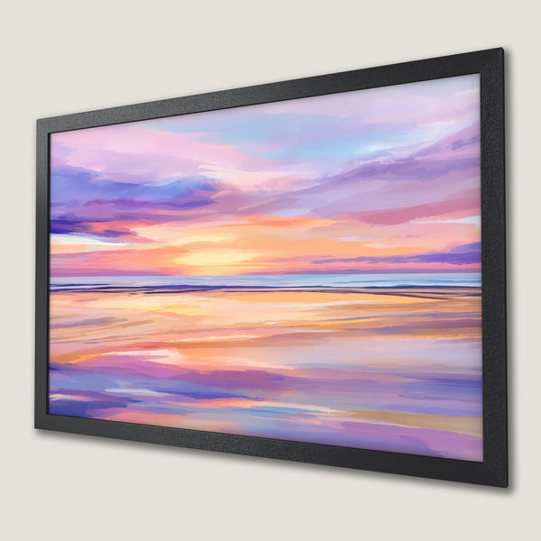 Framed Poster featuring a vibrant sunset over the ocean. Impressionistic style with a warm, colorful palette of pinks, purples, and oranges.