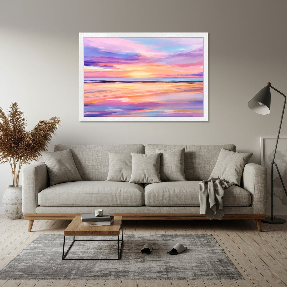 Framed Poster of a vibrant sunset painting in a modern style with a pink, purple, and orange color palette. Perfect wall art!