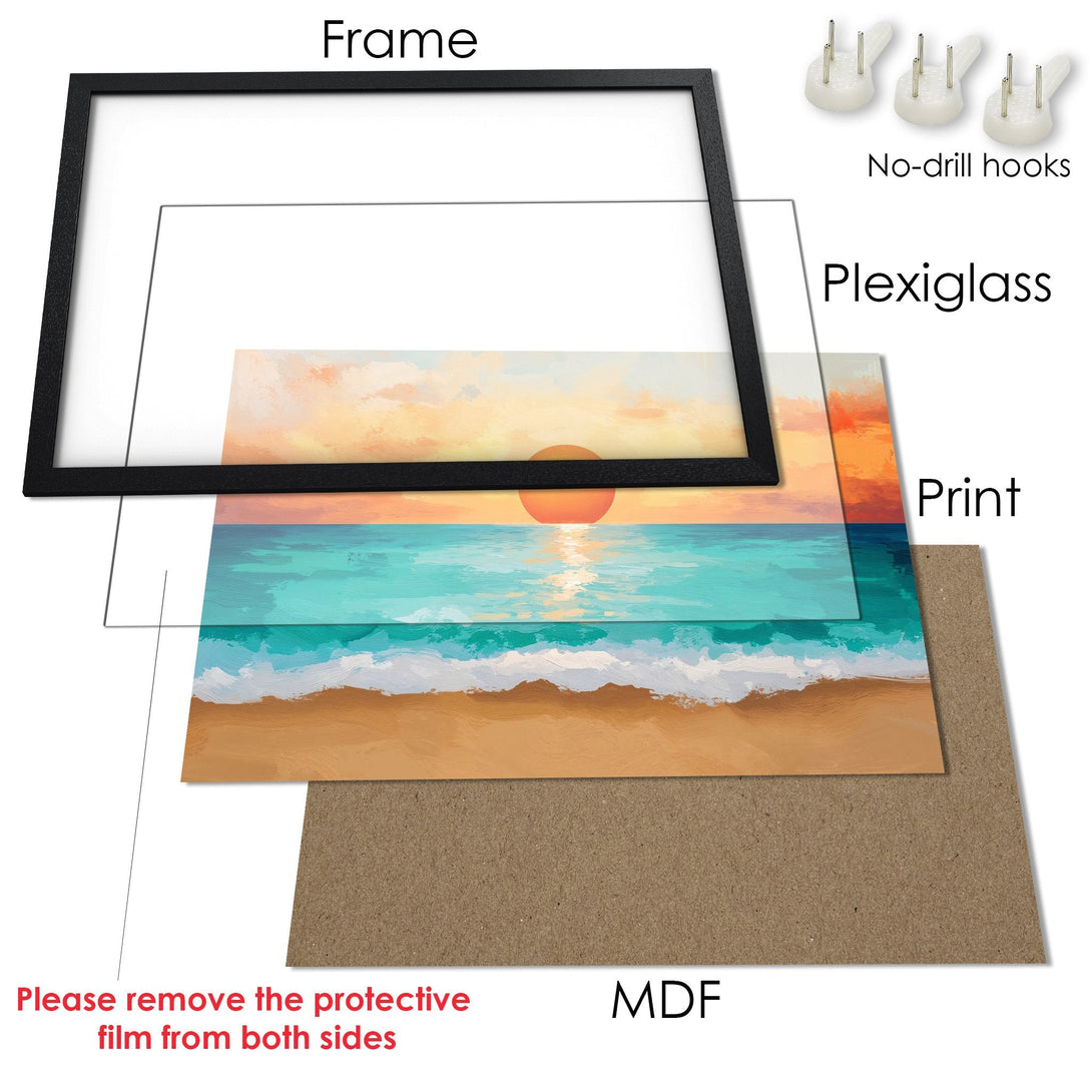 Framed Poster of a sunset over the ocean, featuring warm colors and a painterly style. Perfect wall art!