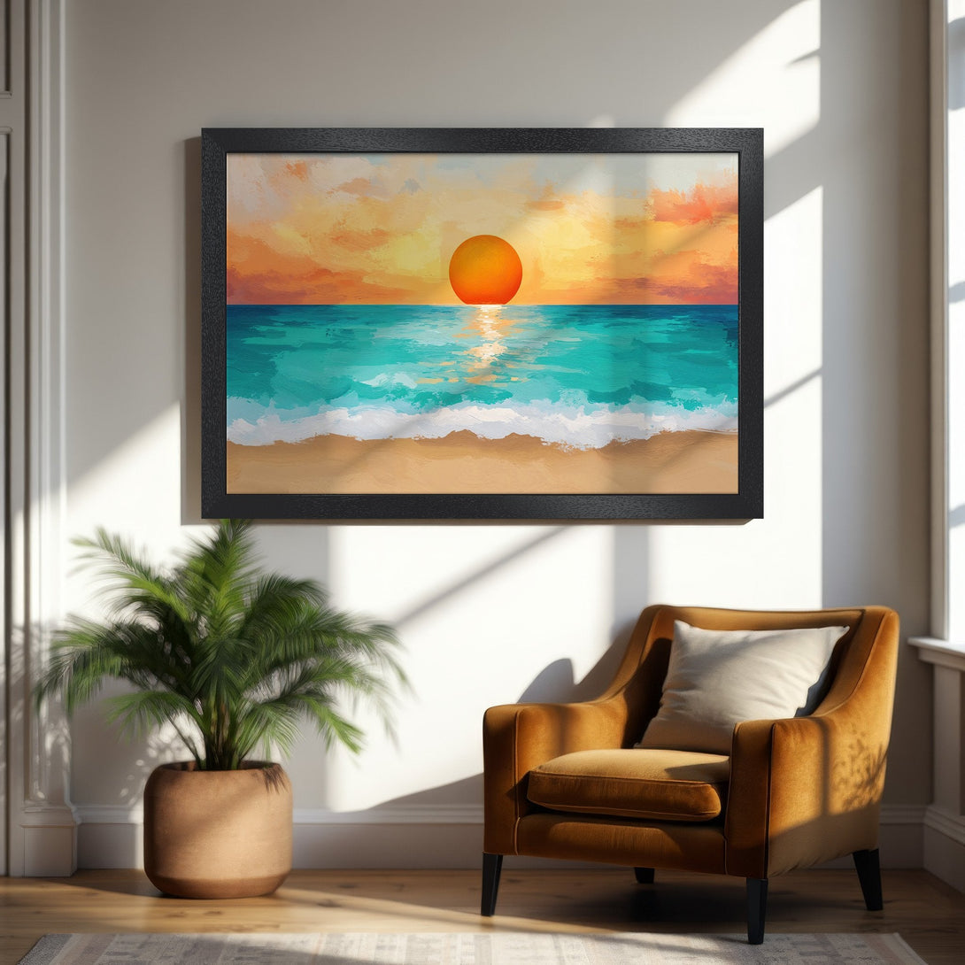 Framed Poster featuring a sunset over the ocean. Vibrant art print with warm orange, blue, and teal color palette. Perfect wall decor!