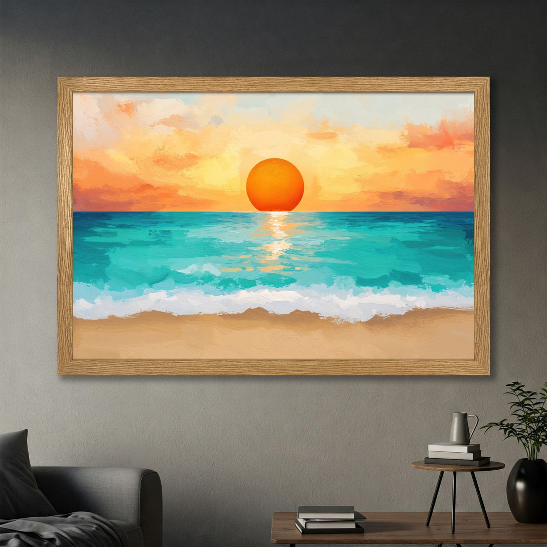 Framed Poster of a vibrant sunset over the ocean, painted in an impressionistic style with warm orange, teal, and sandy tones. Add coastal charm to your space!