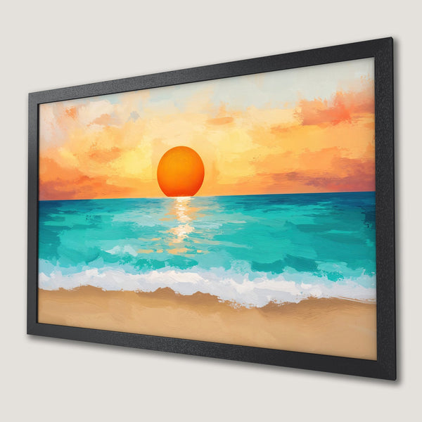 Framed Poster of sunset over the ocean, impressionist style with warm orange, teal, and beige color palette.