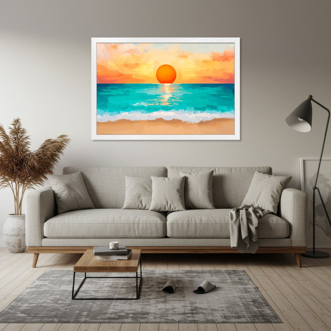 Framed Poster of a sunset beach scene in a vibrant orange and turquoise color palette, perfect for coastal decor.