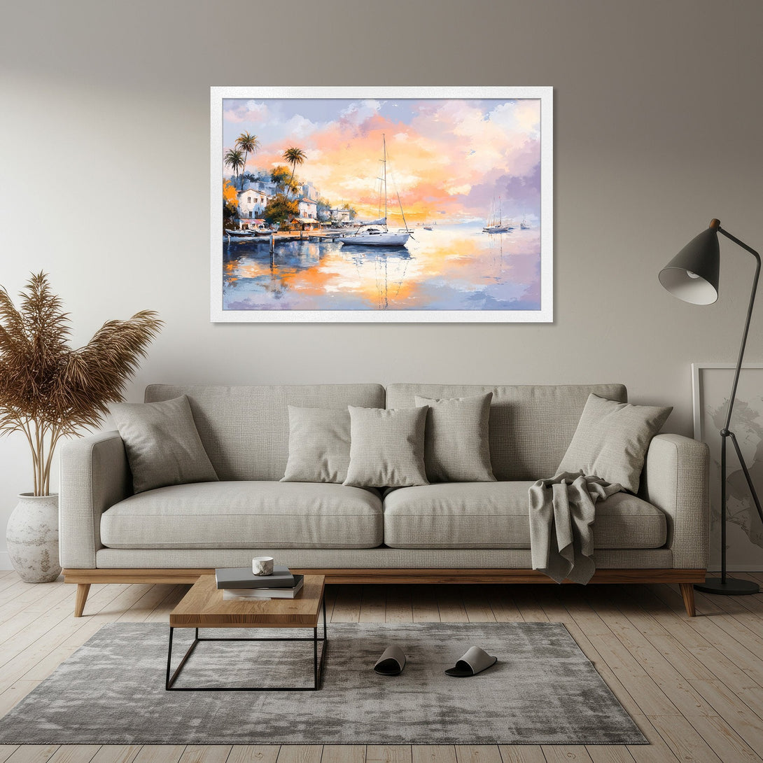 Framed Poster of a sailboat scene. Impressionistic style with warm sunset color palette. Perfect wall art for your home!