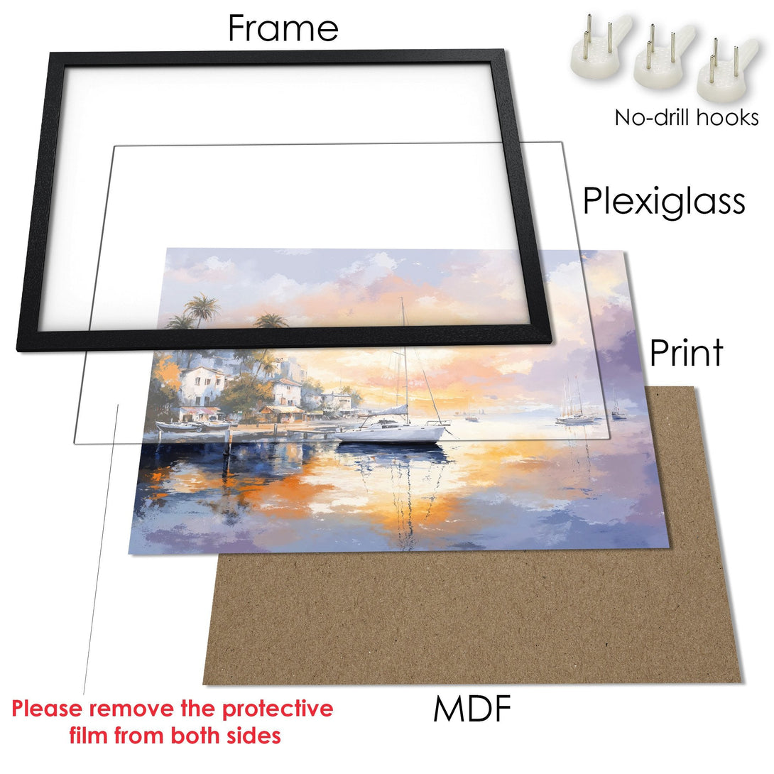 Framed Poster of a coastal scene with a warm color palette. Perfect art for your home!