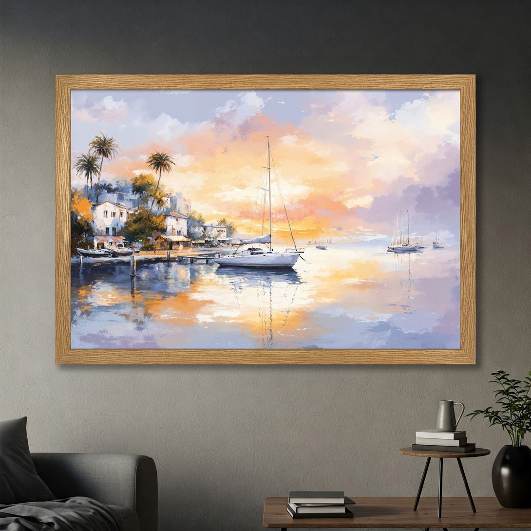 Framed Poster: Coastal sunset art print with sailboats, palm trees, and a warm color palette. Perfect wall decor.