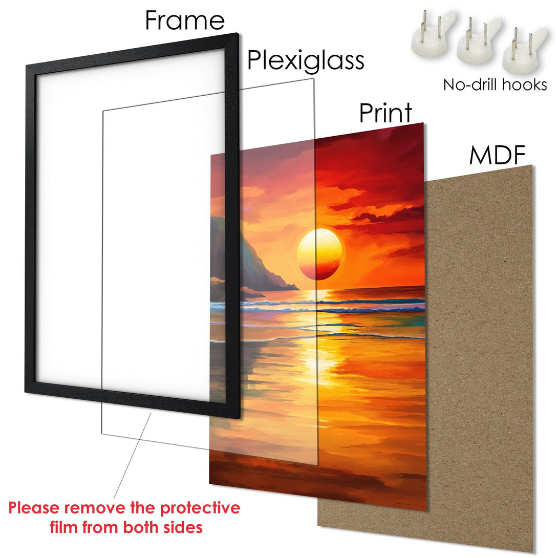 Framed Poster featuring a sunset landscape in warm orange and yellow tones. Perfect wall art!