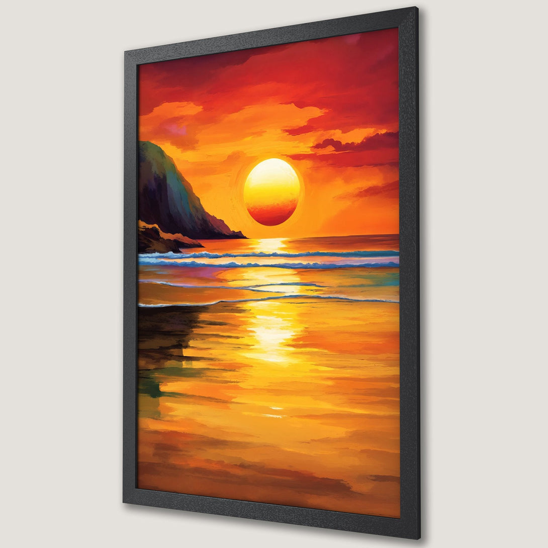 Framed Poster of a sunset beach scene in vibrant orange and red hues. Impressionistic style art print for wall decor.