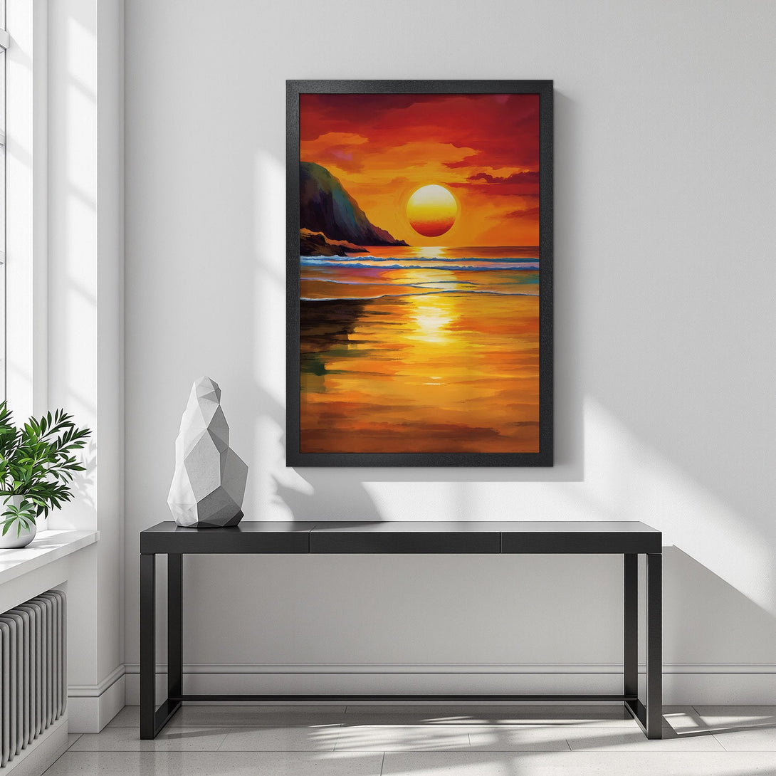 Framed Poster of a sunset over the ocean, vibrant orange and red color palette, perfect wall art for any room.