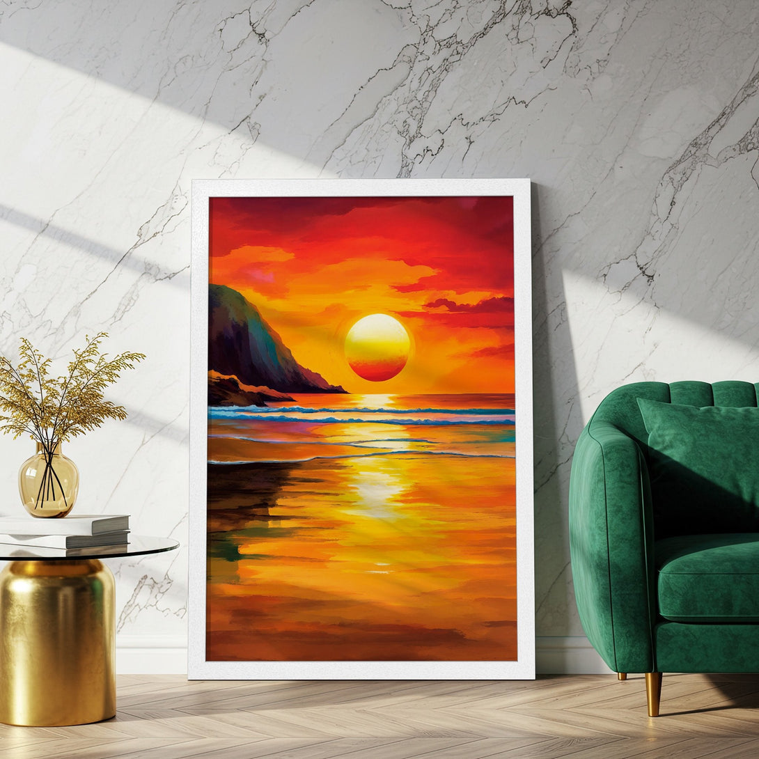 Framed Poster of a vibrant sunset over the ocean, painted in a warm, impressionistic style. Features a fiery orange and yellow color palette.