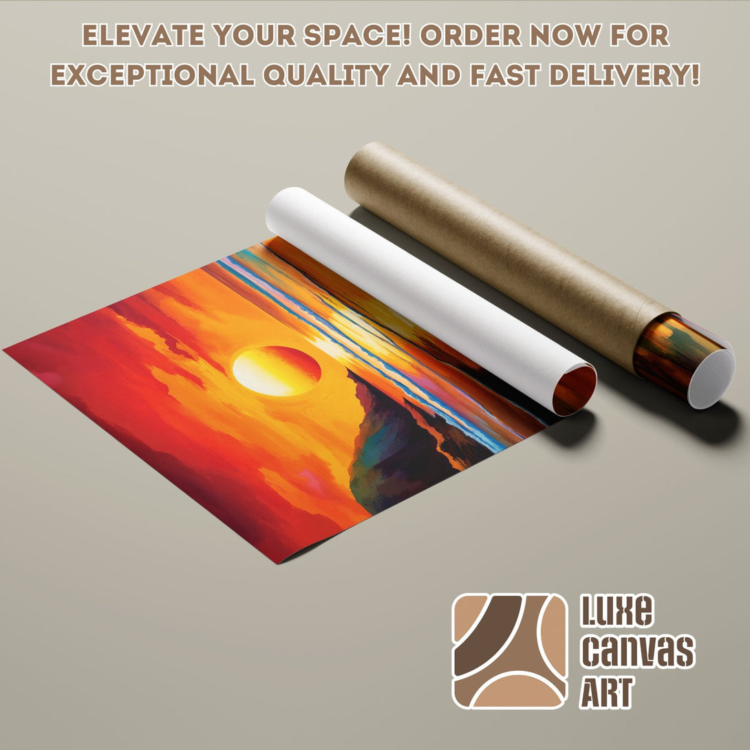 Sunset landscape Poster Roll, vibrant art with warm orange and red tones, ready to elevate your space!