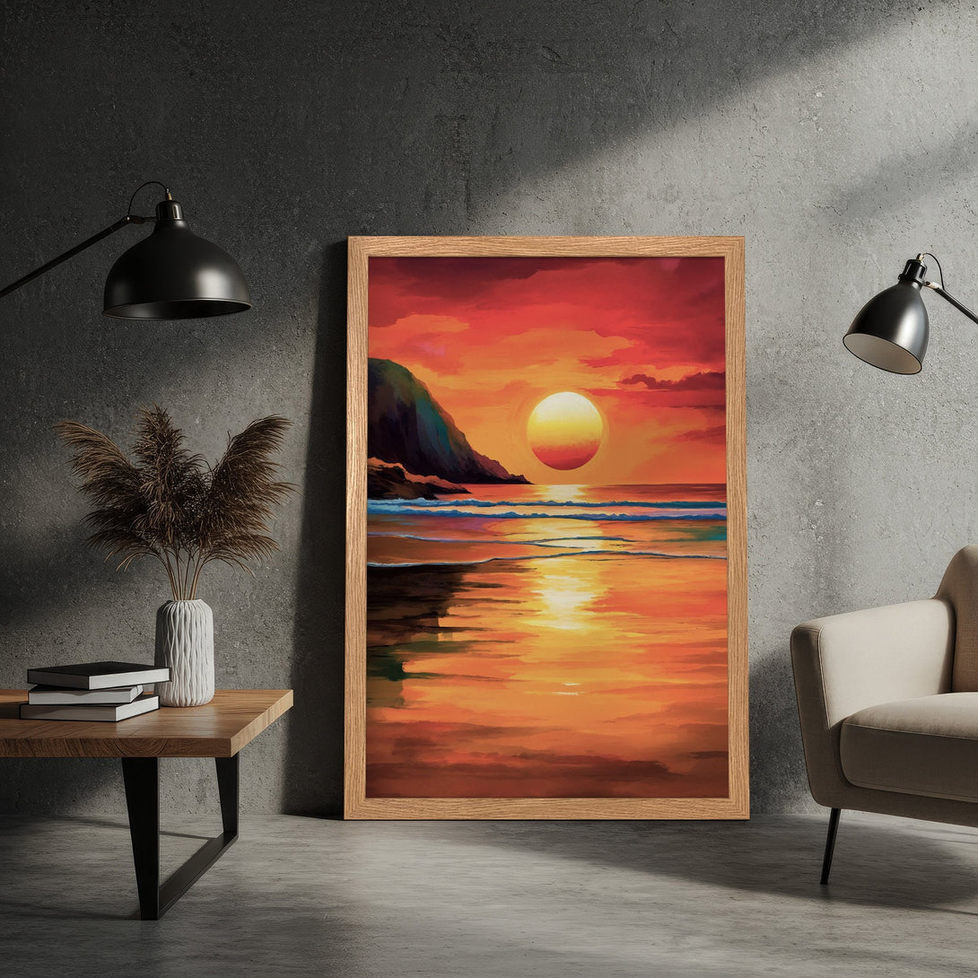 Framed Poster featuring a sunset beach scene, vibrant orange and red color palette, artistic style, perfect for home decor.