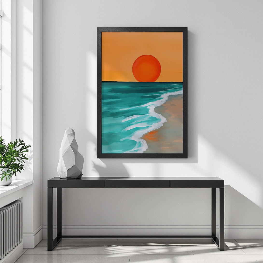 Framed Poster featuring a sunset over the ocean, minimalist style, warm orange & teal color palette. Perfect wall art!