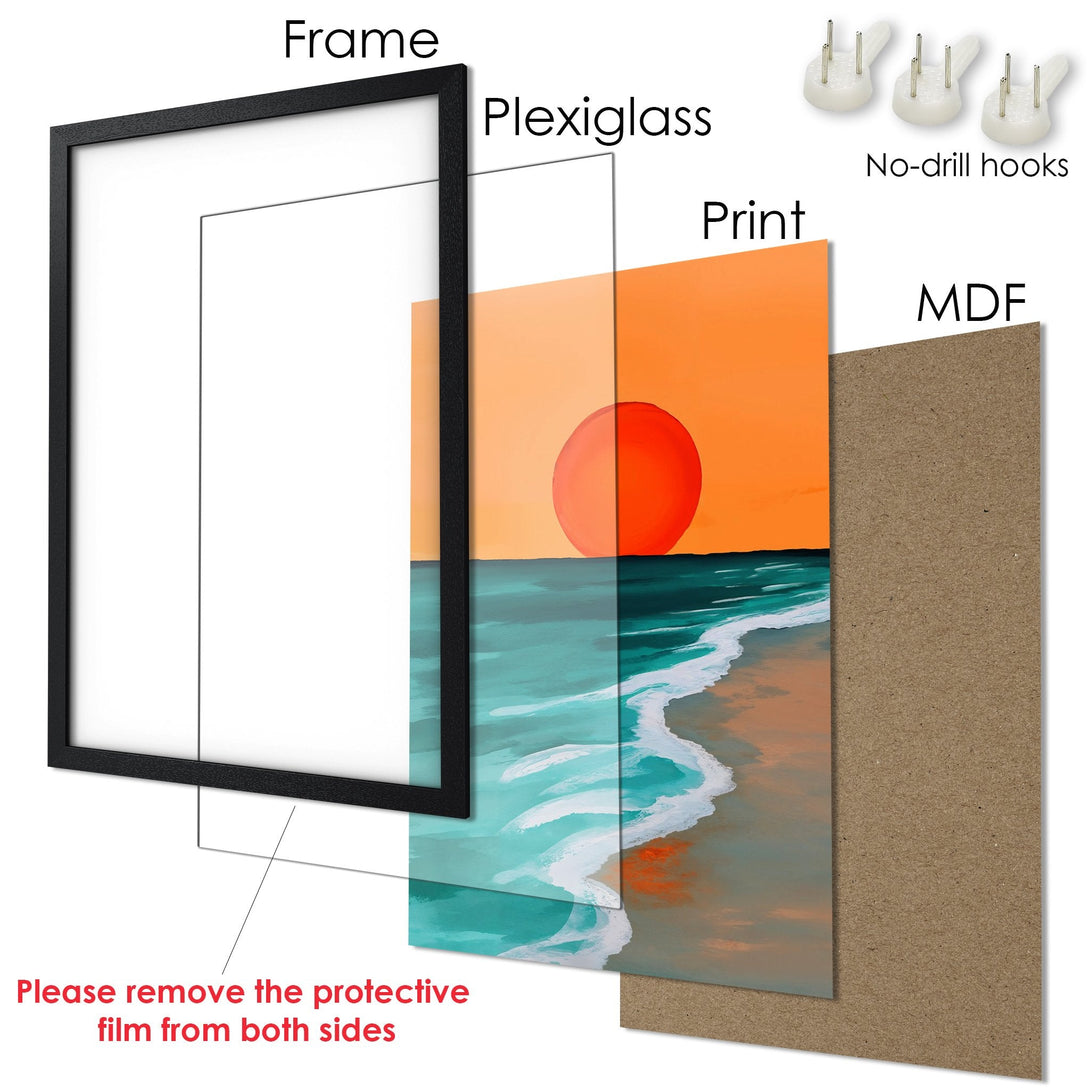 Framed Poster featuring a sunset beach scene in vibrant orange, teal, and brown hues. Add art to your walls!