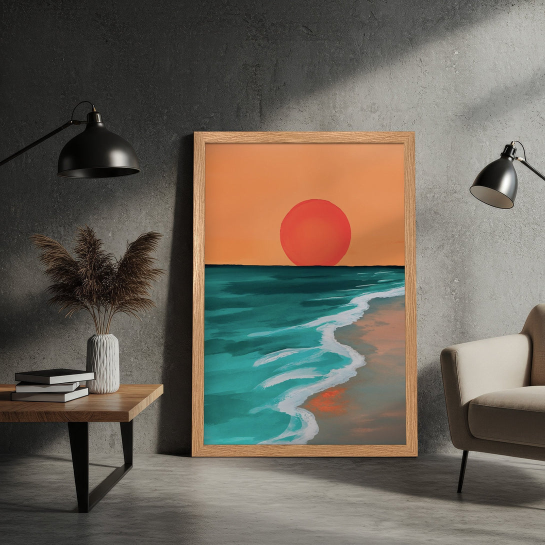 Framed Poster of a sunset over the ocean. Modern art style with orange, teal, and white color palette. Perfect wall decor!