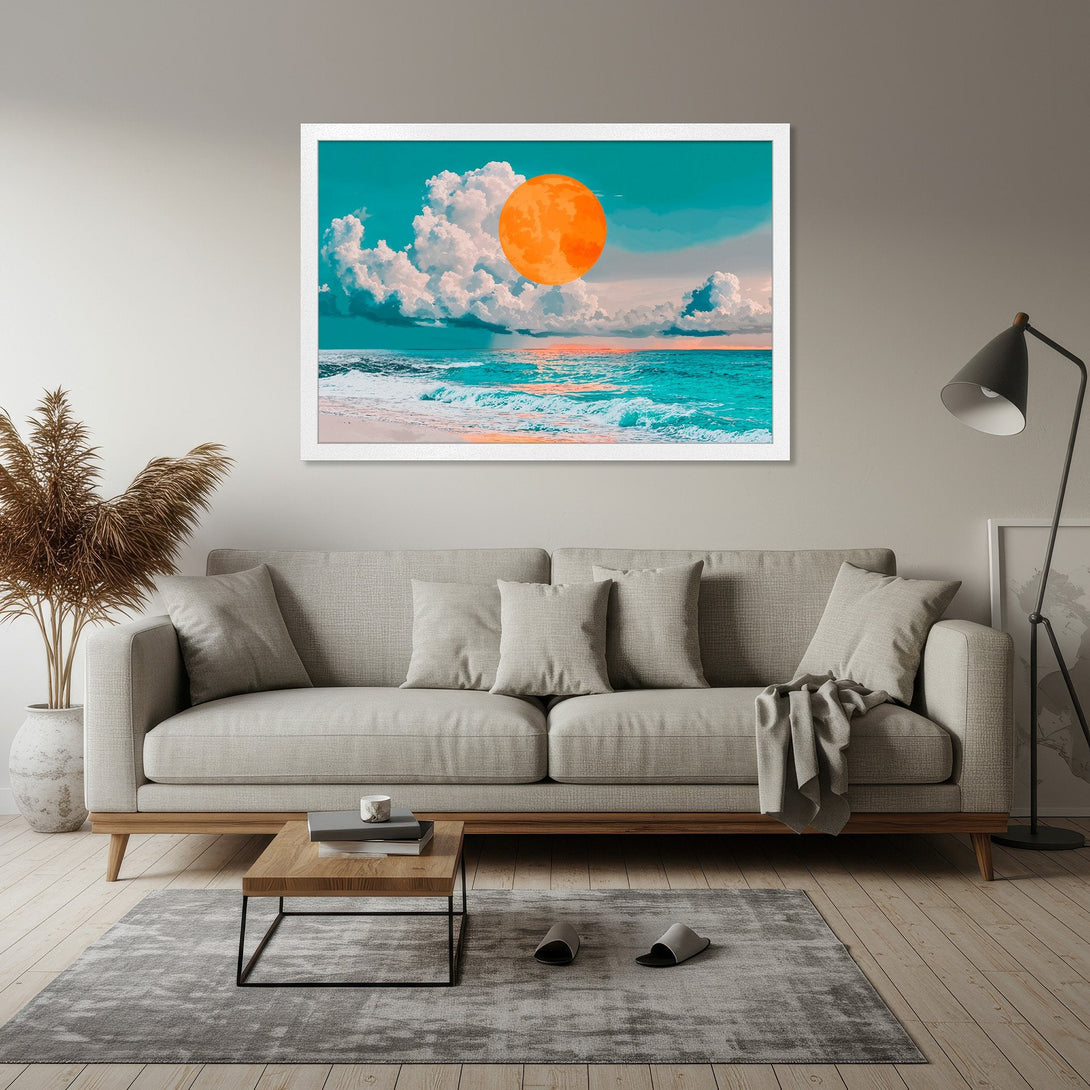Framed Poster featuring a vibrant sunset over ocean with orange, teal, and white color palette. Perfect wall art!