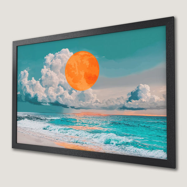 Framed Poster of a beach scene with a large orange sun, vibrant teal and orange color palette. Modern art print.