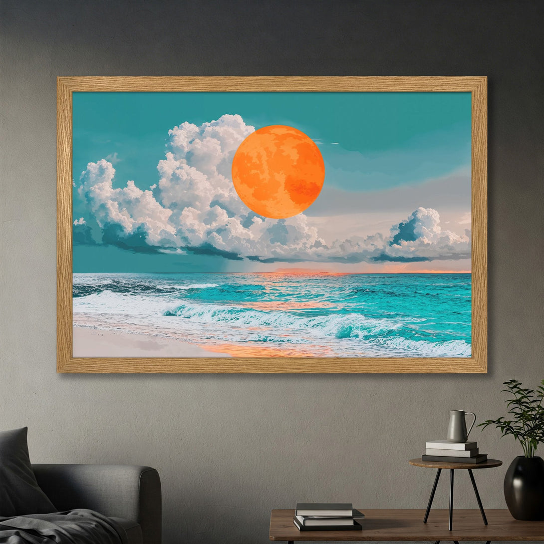 Framed Poster featuring a vibrant beach scene with a large orange sun, in a dreamy, artistic style with a teal and orange color palette.