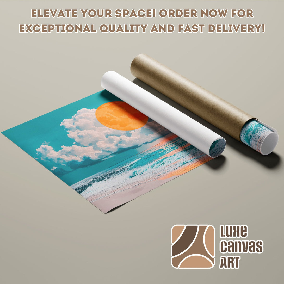 Ocean sunset Poster Roll art print, vibrant teal, orange, and beige color palette. Elevate your space!