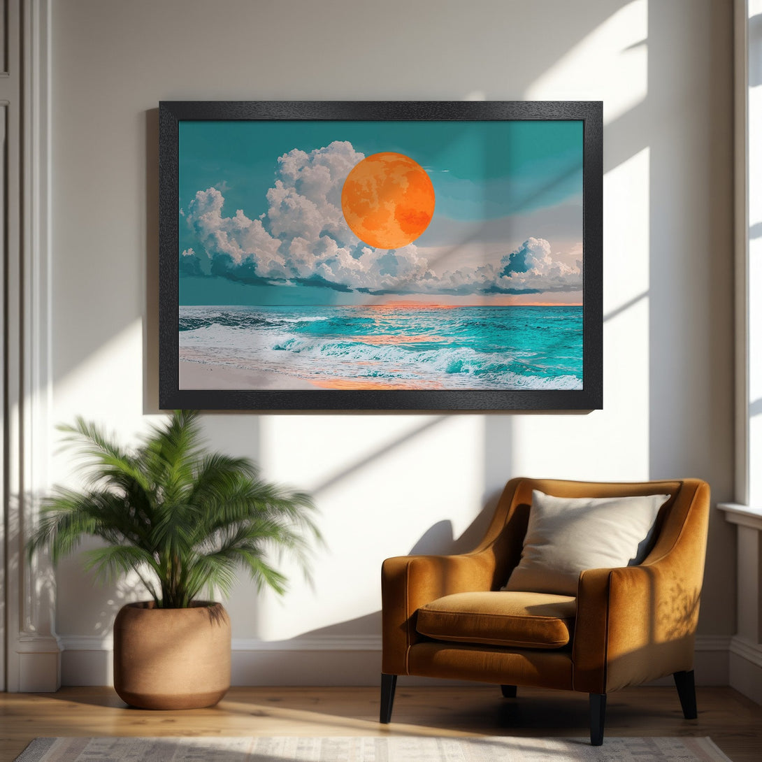 Framed Poster featuring a vibrant sunset over the ocean, with teal and orange hues. Modern art style, perfect for home decor.