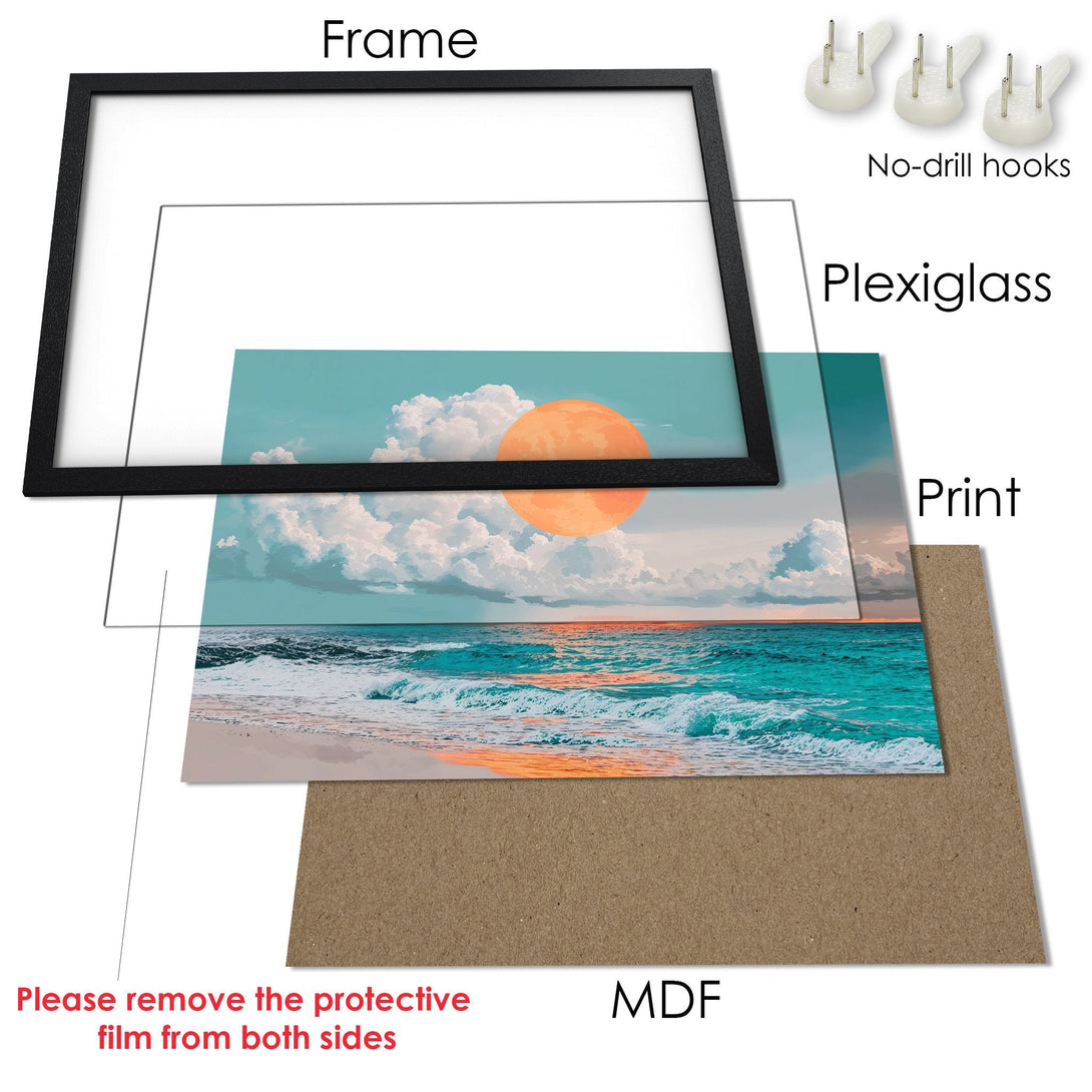 Framed Poster featuring a serene beach scene with a vibrant orange sun, in a coastal style with teal and orange hues.