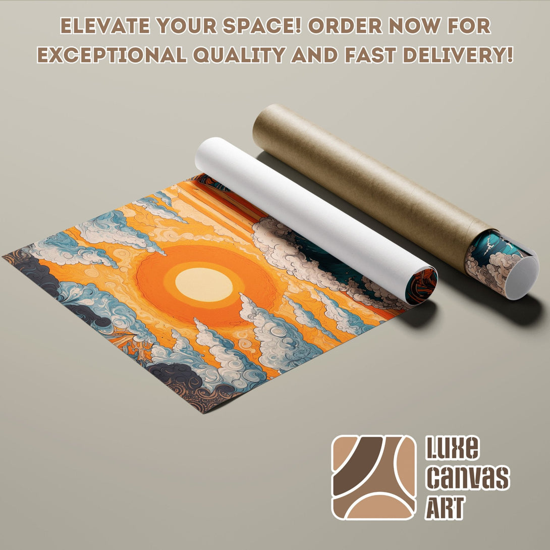 Poster Roll with vibrant sunset art, featuring orange, blue, and beige tones. Elevate your space!