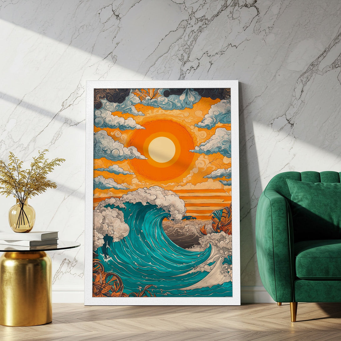 Framed Poster featuring a vibrant ocean wave design in a retro style with a warm orange and teal color palette.