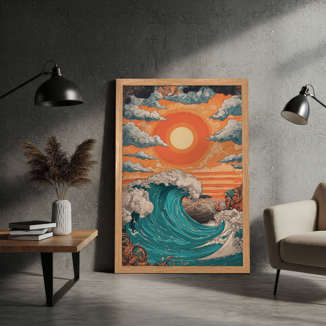 Framed Poster featuring a vibrant ocean wave illustration in a vintage style with a warm orange and teal color palette. Perfect wall art!