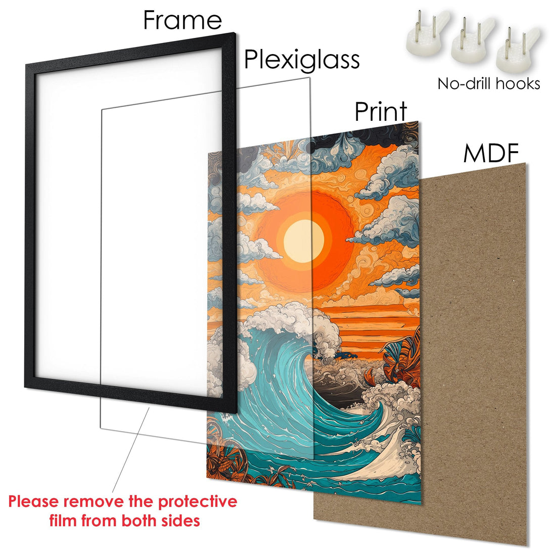 Framed Poster of a vibrant sunset & ocean scene, art print in orange, blue, and white. Modern wall art for your home.