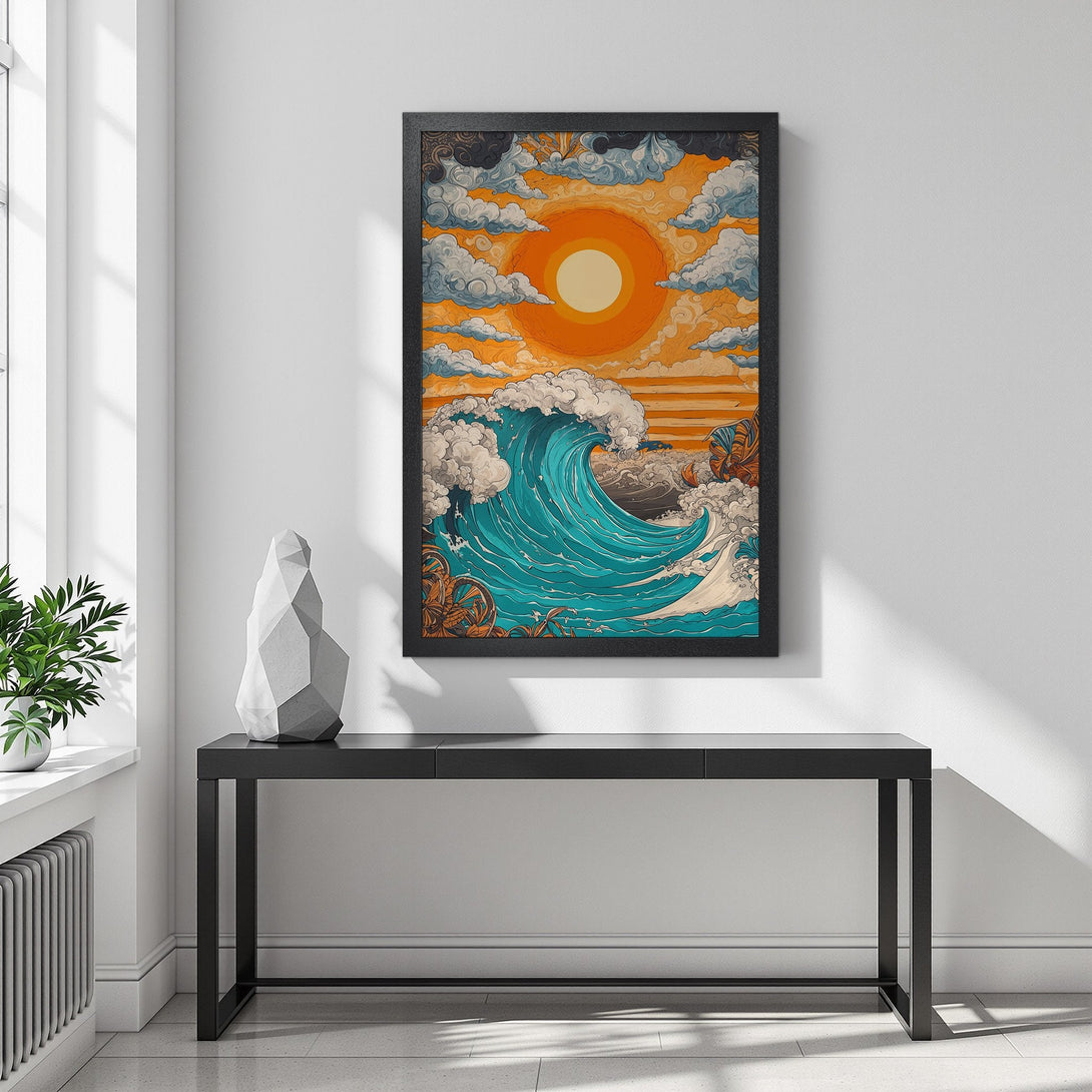 Framed Poster featuring a vibrant ocean wave illustration in a retro art style with a warm orange and teal color palette. Perfect wall art!