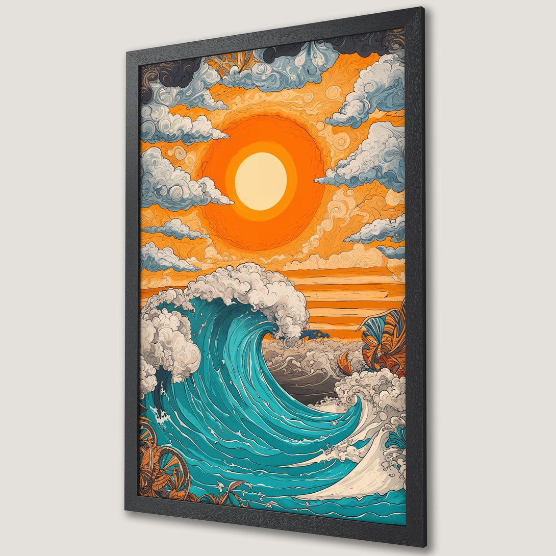 Framed Poster featuring a vibrant wave illustration in a retro style with orange, blue, and white color palette. Perfect wall art!