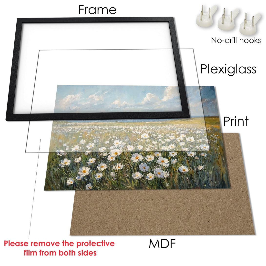 Framed Poster of a field of white flowers. Impressionistic style with blue, green, and yellow color palette. Ready to hang art.