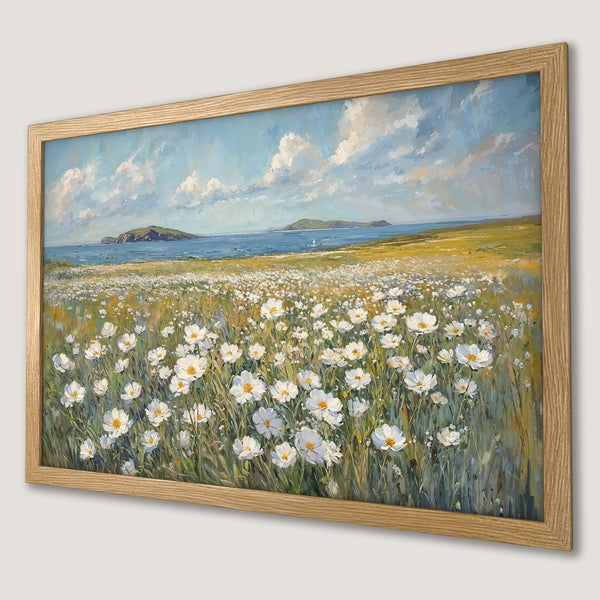 Framed Poster of a coastal landscape with white flowers, in a soft, impressionistic style with blue, green, and white tones.