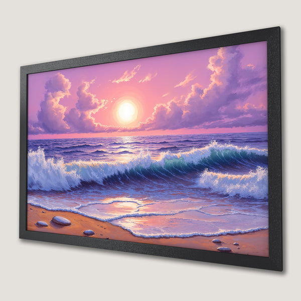 Framed Poster of a sunset seascape painting. Romantic style with pink, purple, and teal color palette.