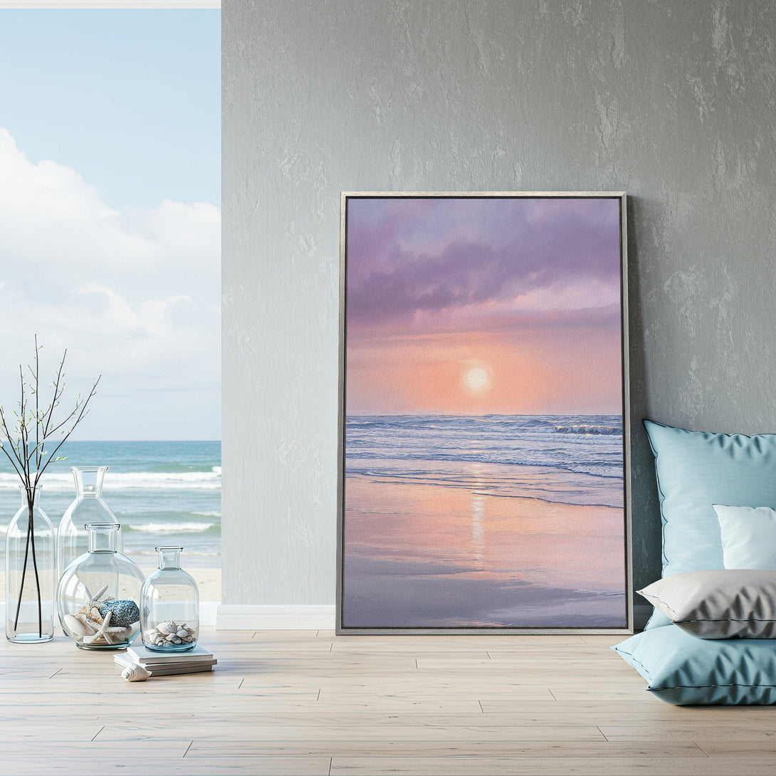Framed Wall Art: Serene beach sunset canvas print in pastel hues. Coastal decor for a calming atmosphere. Shop now for art that inspires!