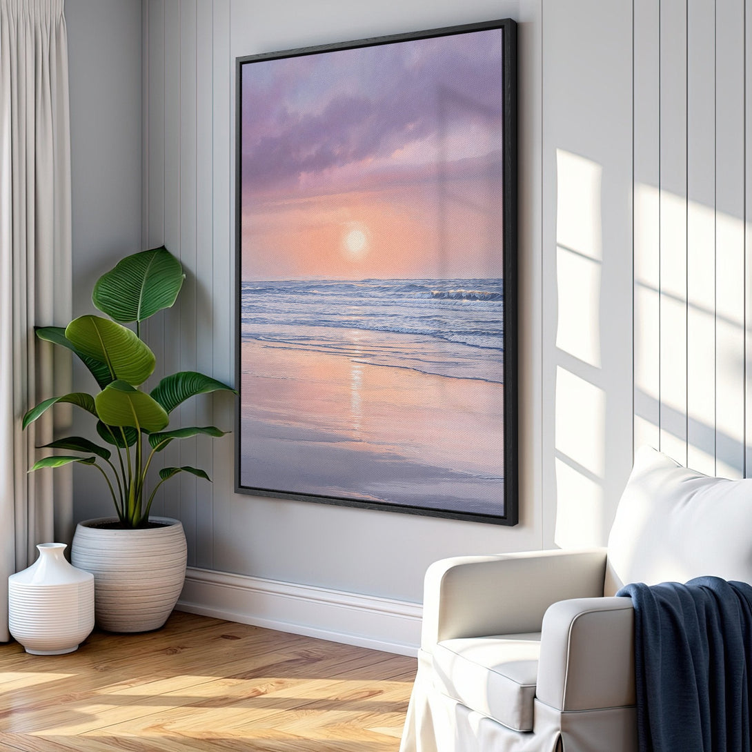 Framed Wall Art: Serene beach sunset Canvas Print in pastel colors. Perfect coastal decor for a calming living room. Shop now!
