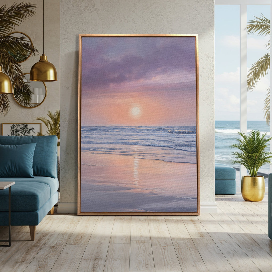 Framed Wall Art featuring a serene beach sunset in a calming palette of pinks, purples, and blues. Perfect for adding a touch of tranquility to your home.